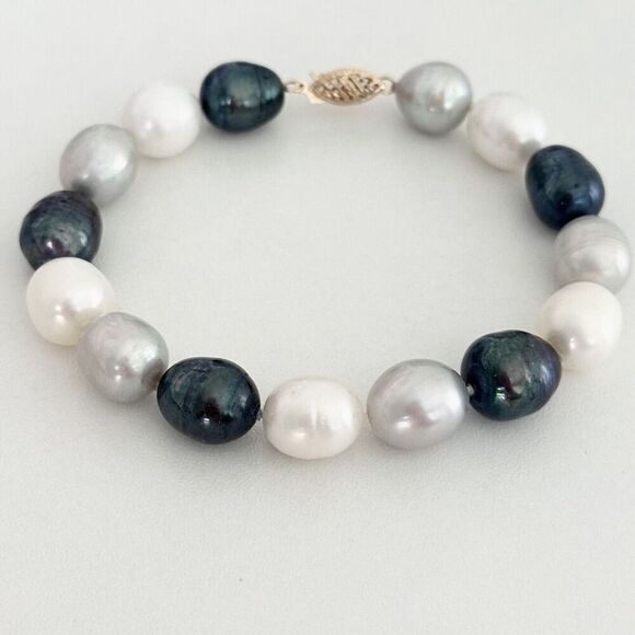 14K Yellow Gold Large Genuine Baroque Pearl Multicolor Black & White Bracelet 7" - Picture 1 of 12